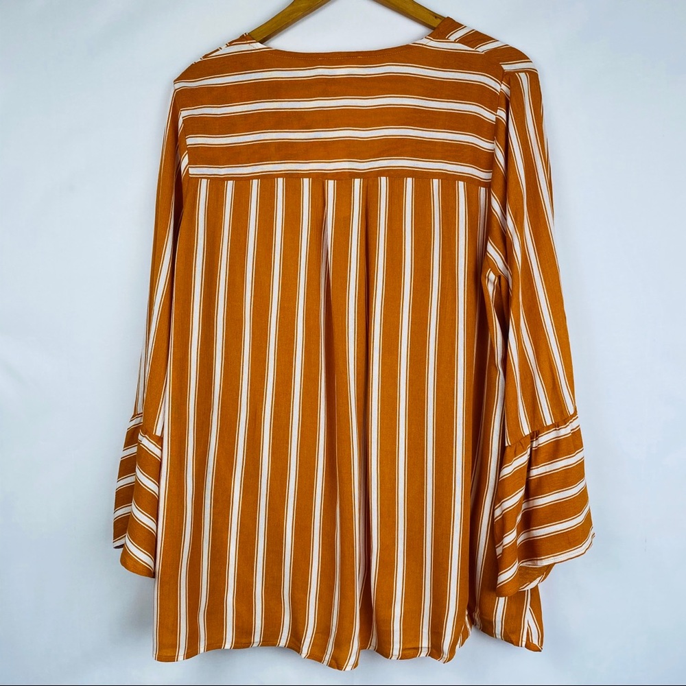 🆕 Striped V-Neck Blouse Draped Front Bell Sleeves - Picture 6 of 7